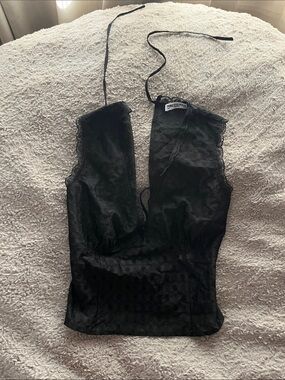 Princess Polly Black Lace Trim Halter Sheer Polka Dot Top